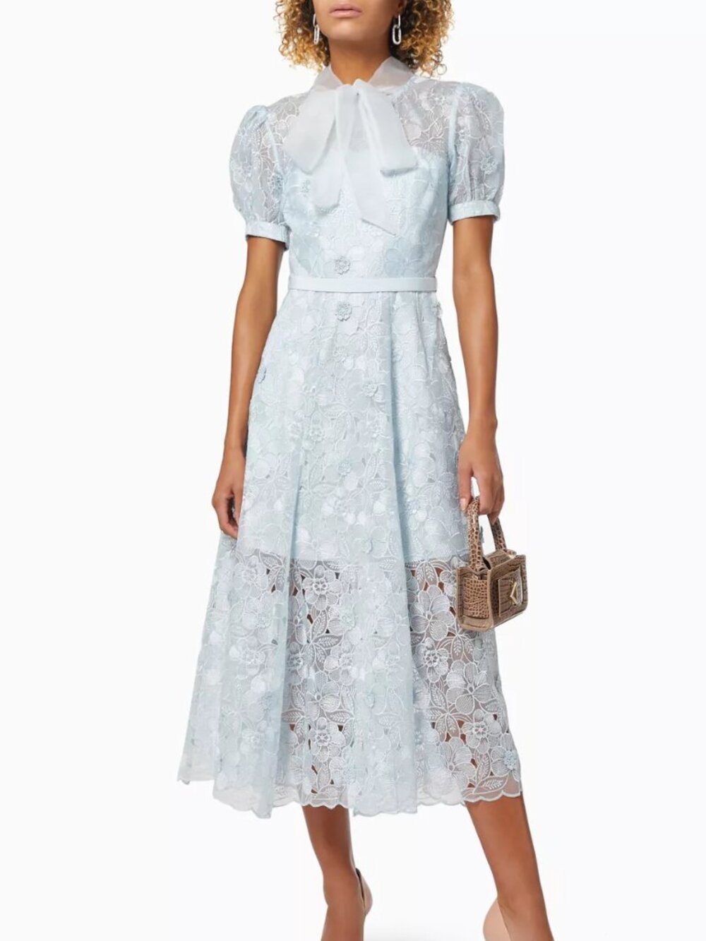 Self-Portrait 3D Flower Pussy Bow Midi Dress in Ice Blue Size 8 NWT